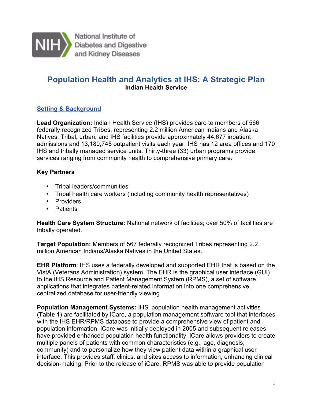 Population Health and Analytics at IHS: a Strategic Plan Indian Health Service