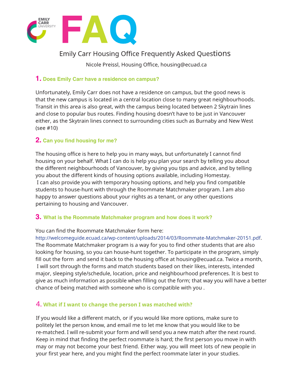 Emily Carr Housing Office Frequently Asked Questions