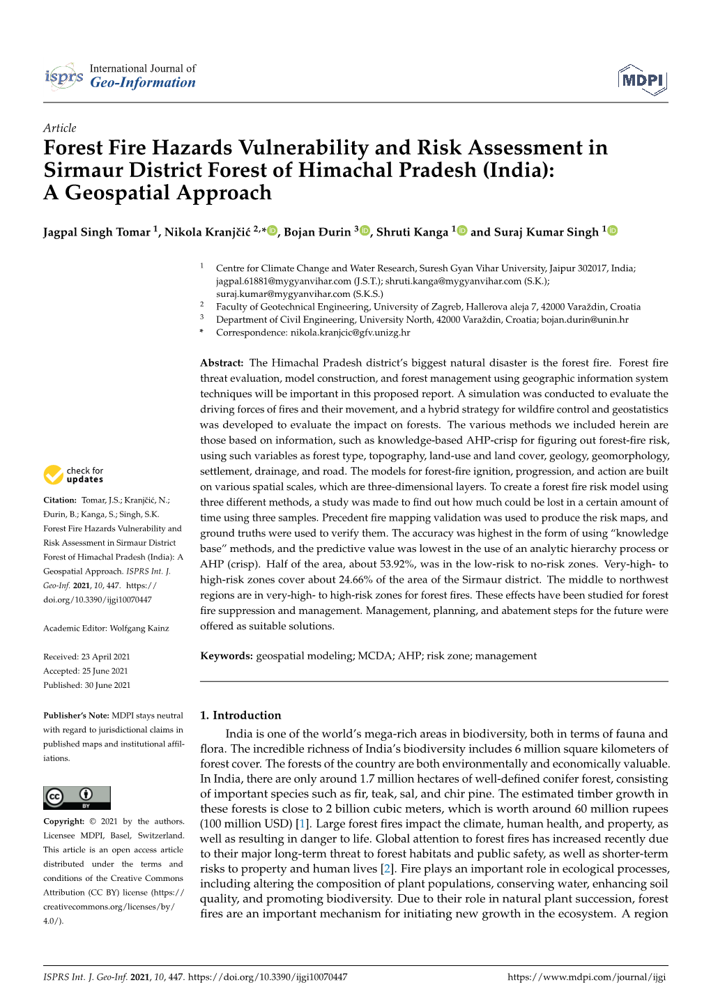 Forest Fire Hazards Vulnerability and Risk Assessment in Sirmaur District Forest of Himachal Pradesh (India): a Geospatial Approach
