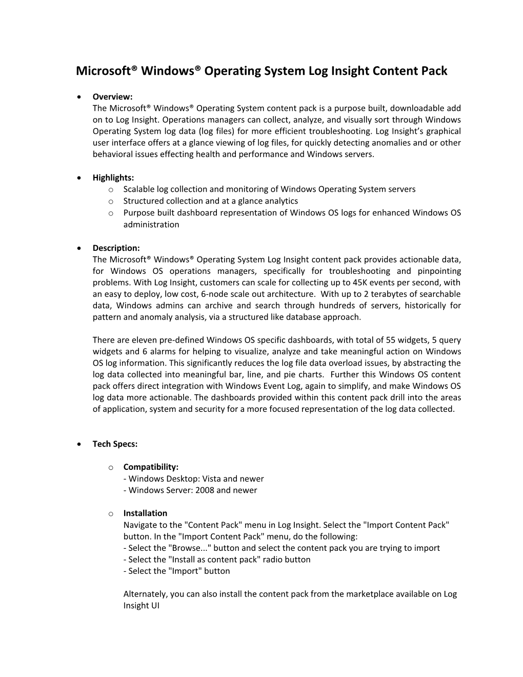 Microsoft Windows Operating System Log Insight Content Pack