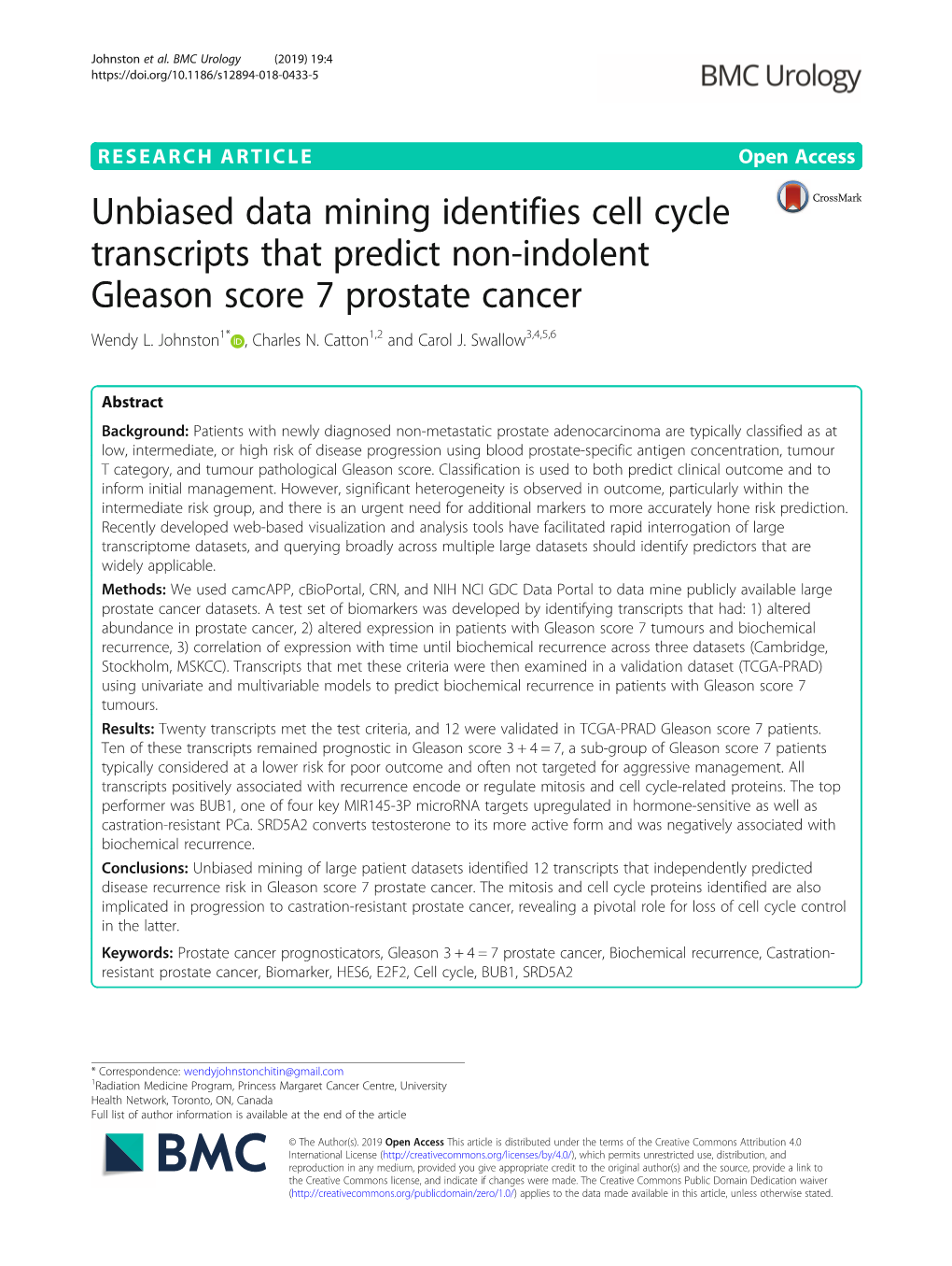 Unbiased Data Mining Identifies Cell Cycle Transcripts That Predict Non-Indolent Gleason Score 7 Prostate Cancer Wendy L