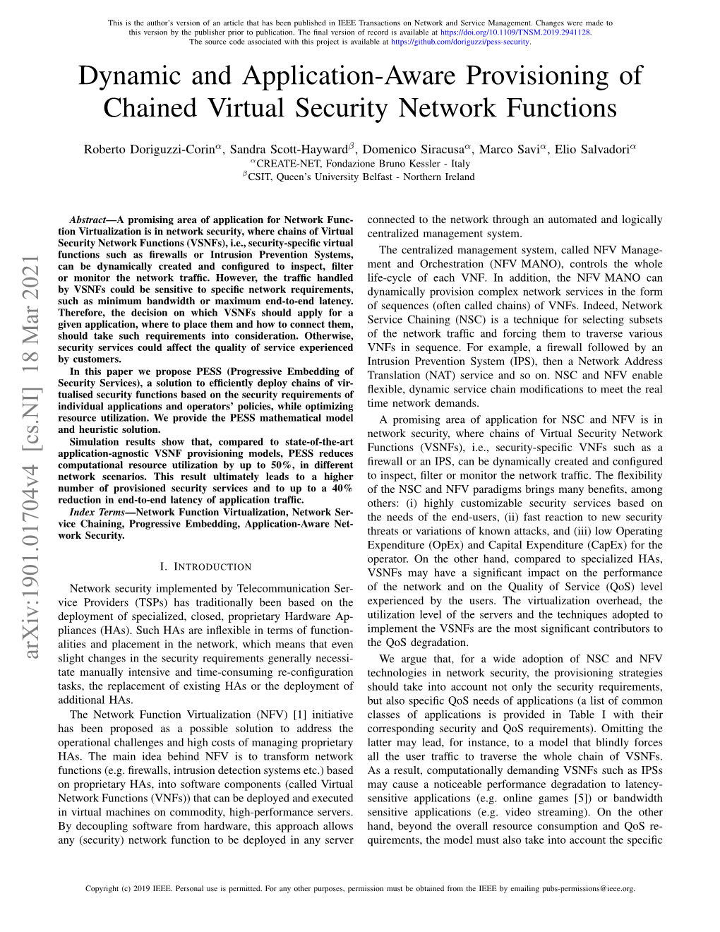 Dynamic and Application-Aware Provisioning of Chained Virtual Security Network Functions