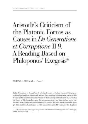 Aristotle's Criticism of the Platonic Forms As Causes in De