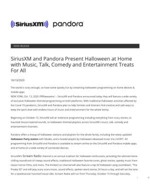 Siriusxm and Pandora Present Halloween at Home with Music, Talk, Comedy and Entertainment Treats for All