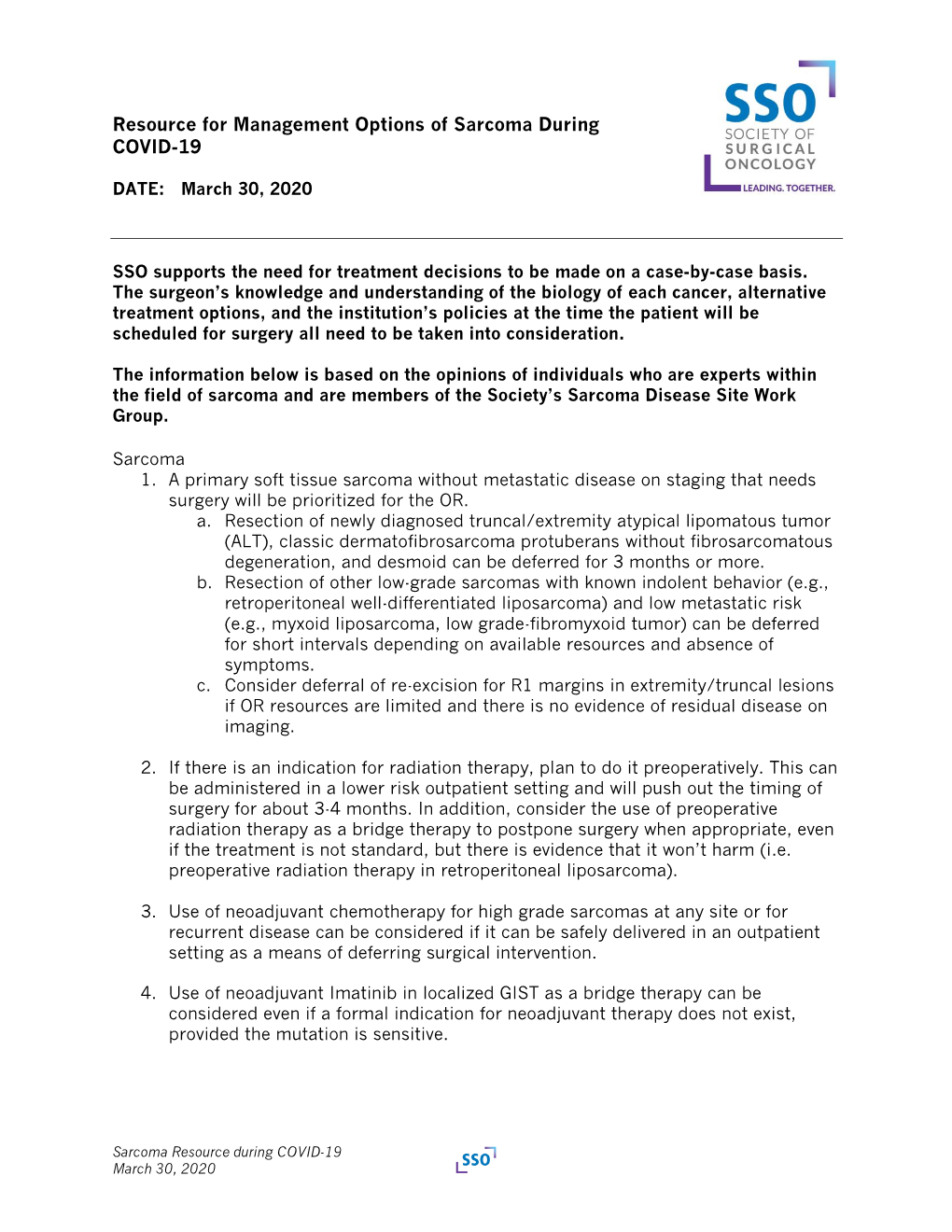 Resource for Management Options of Sarcoma During COVID-19