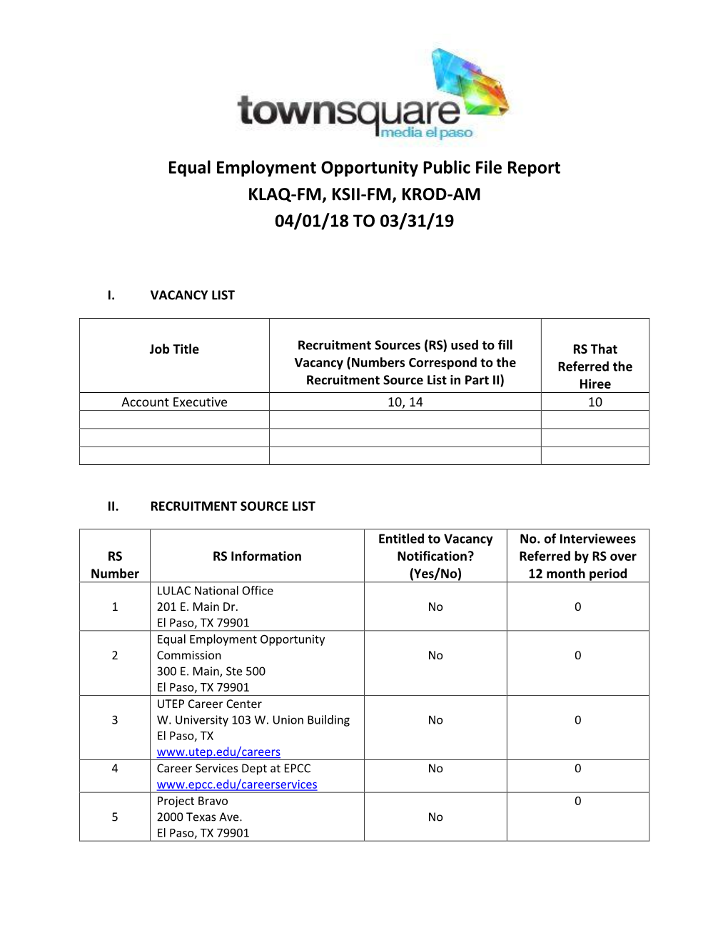 Equal Employment Opportunity Public File Report KLAQ-FM, KSII-FM, KROD-AM 04/01/18 to 03/31/19