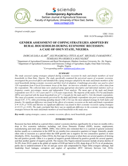 Contemporary Agriculture GENDER ASSESSMENT of COPING STRATEGIES