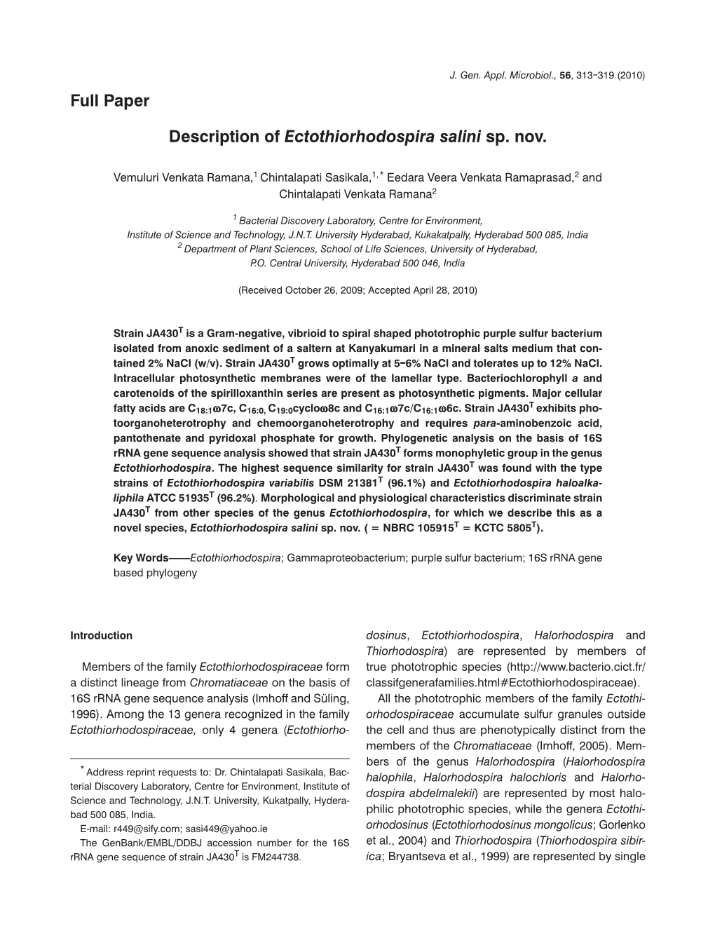 Description of Ectothiorhodospira Salini Sp. Nov