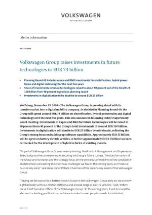Volkswagen Group Raises Investments in Future Technologies to EUR 73 Billion