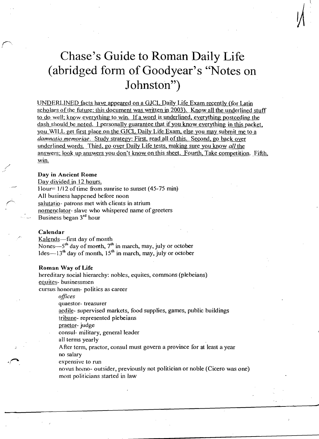 Chase's G-Uide to Roman Daily Life (Abridged Form Ofgoodyear's 