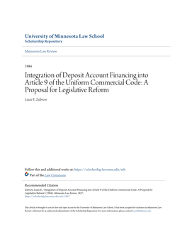 Integration of Deposit Account Financing Into Article 9 of the Uniform Commercial Code: a Proposal for Legislative Reform Luize E