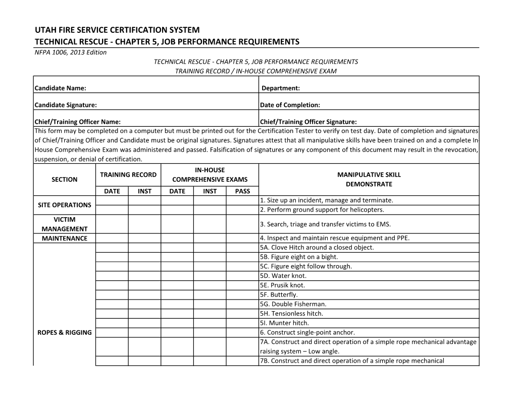 Utah Fire Service Certification System Technical Rescue