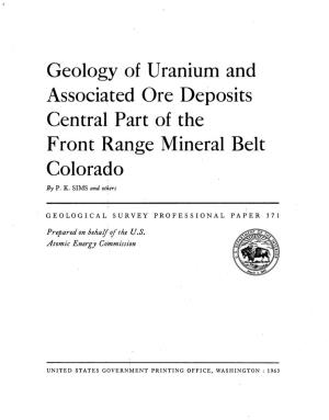 Geology of Uranium and Associated Ore Deposits Central Part of the Front Range Mineral Belt Colorado by P