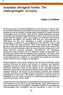 Australian Aboriginal Studies: the Anthropologists' Accounts