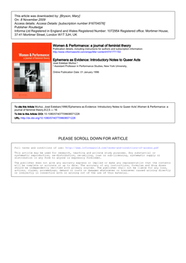 Ephemera As Evidence: Introductory Notes to Queer Acts José Esteban Muñoz a a Assistant Professor in Performance Studies, New York University