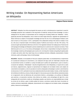 Writing Irataba: on Representing Native Americans on Wikipedia