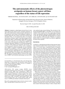 The Anti-Metastatic Effects of the Phytoestrogen Arctigenin on Human Breast Cancer Cell Lines Regardless of the Status of ER Expression