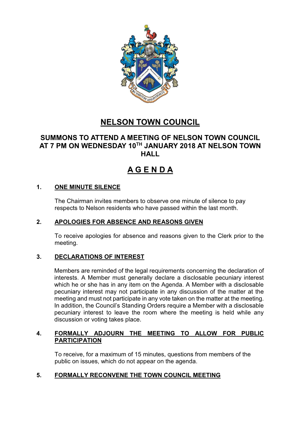 Nelson Town Council a G E N