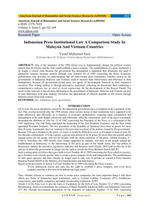 Indonesian Press Institutional Law a Comparison Study in Malaysia and Vietnam Countries