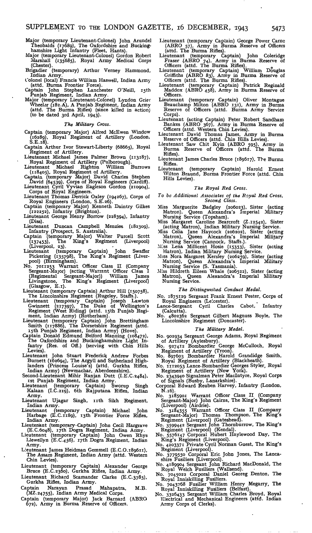 Supplement to the London Gazette, 16 December, 1943 5473