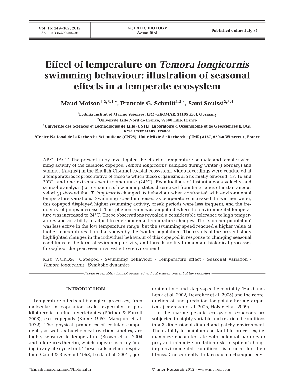 Effect of Temperature on Temora Longicornis Swimming Behaviour: Illustration of Seasonal Effects in a Temperate Ecosystem