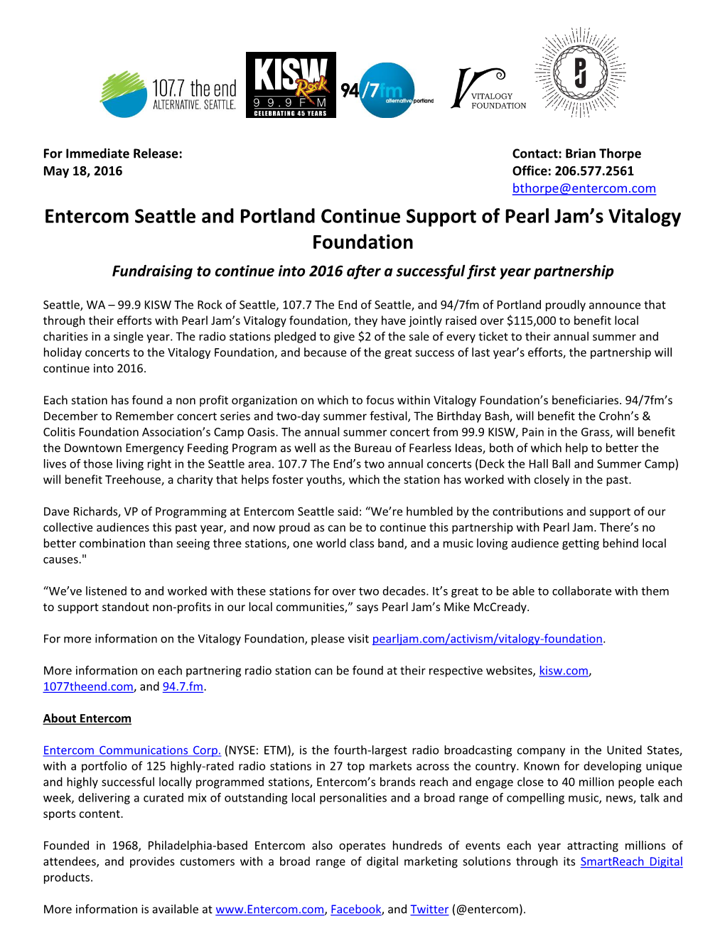 Entercom Seattle and Portland Continue Support of Pearl Jam's