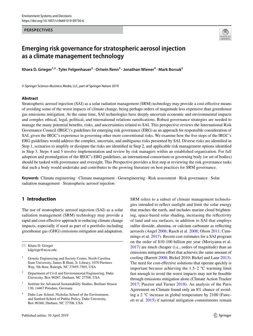 Emerging Risk Governance for Stratospheric Aerosol Injection As a Climate Management Technology