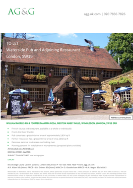 TO LET Waterside Pub and Adjoining Restaurant London, SW19 W