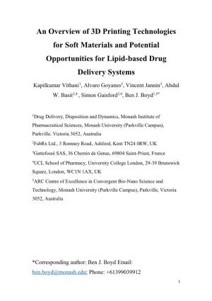 An Overview of 3D Printing Technologies for Soft Materials and Potential Opportunities for Lipid-Based Drug Delivery Systems