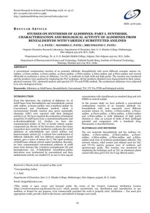 Regular Article Studies on Synthesis of Aldimines: Part