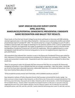 Saint Anselm College Survey Center April 2019 Poll Announced/Potential Democratic Presidential Candidate Name Recognition and Ballot Test Results