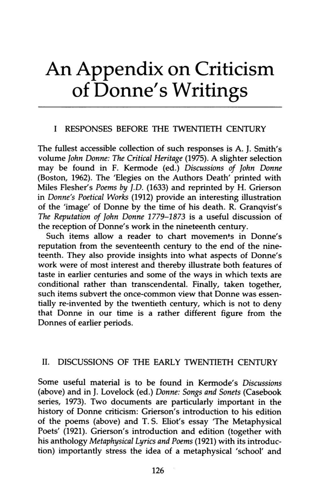 An Appendix on Criticism of Donne's Writings