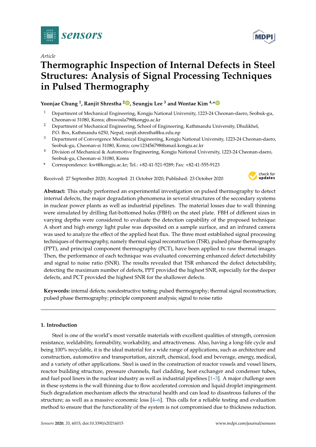 Thermographic Inspection of Internal Defects in Steel Structures: Analysis of Signal Processing Techniques in Pulsed Thermography