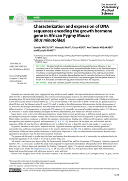 Characterization and Expression of DNA Sequences Encoding the Growth Hormone Gene in African Pygmy Mouse (Mus Minutoides)