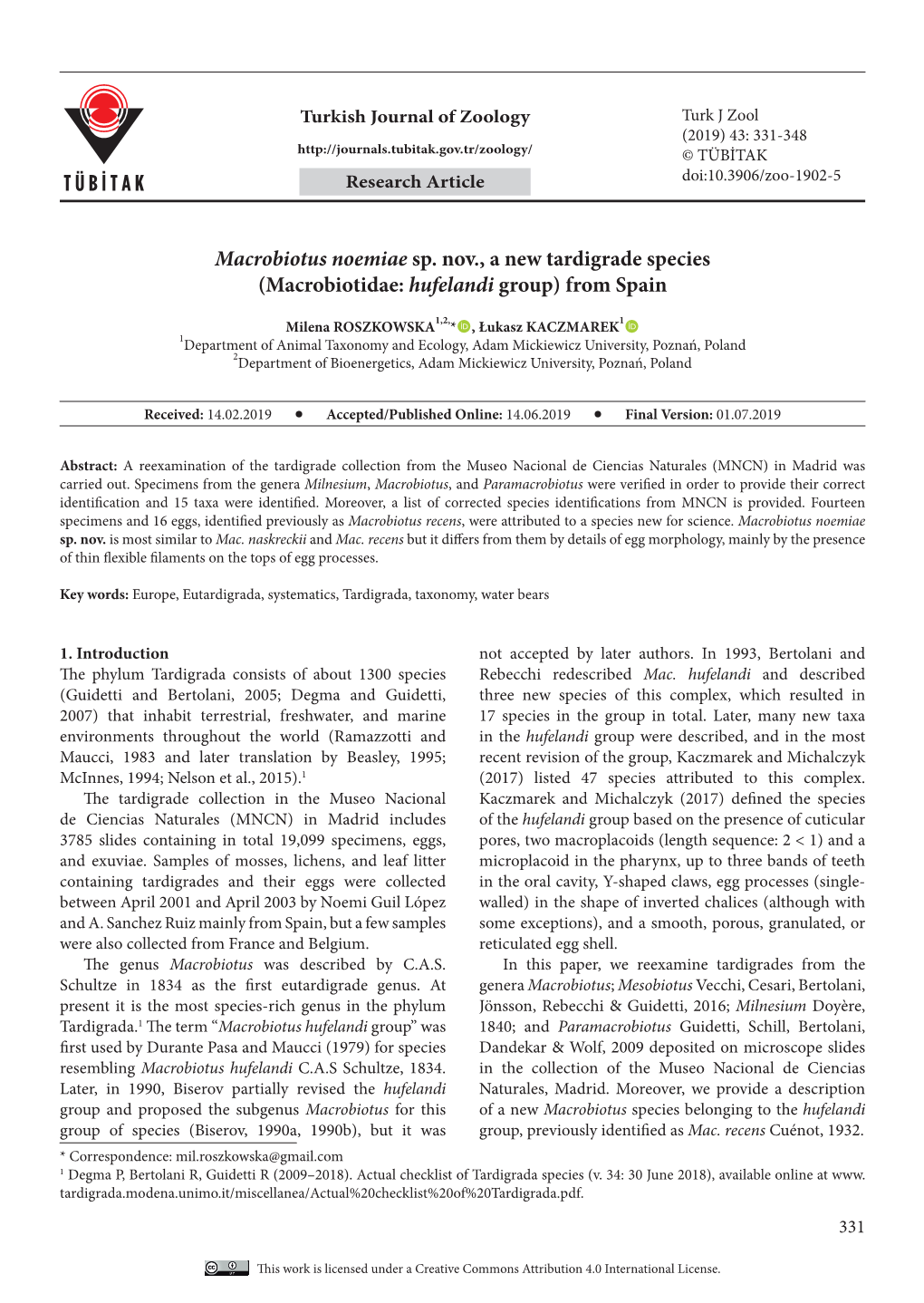 Macrobiotus Noemiae Sp. Nov., a New Tardigrade Species (Macrobiotidae: Hufelandi Group) from Spain