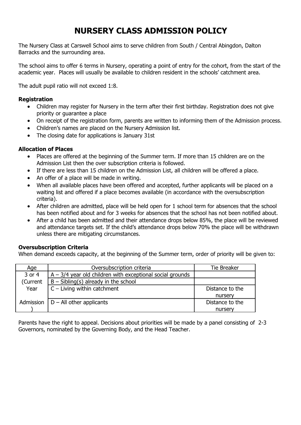 Nursery Class Admission Policy