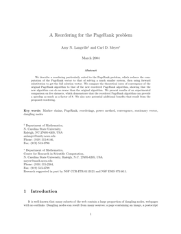 A Reordering for the Pagerank Problem