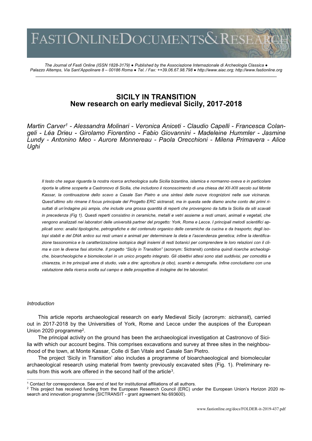 SICILY in TRANSITION New Research on Early Medieval Sicily, 2017-2018