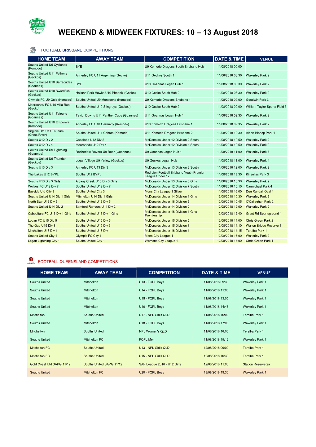 Weekend & Midweek Fixtures: 10