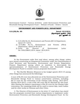 Various Activities Under Environment Protection and Renewable Energy Development Fund –– Release of Funds – Orders – Issued