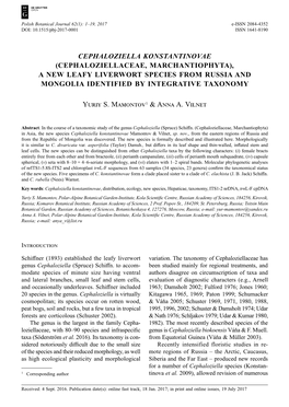 Cephaloziella Konstantinovae (Cephaloziellaceae, Marchantiophyta), a New Leafy Liverwort Species from Russia and Mongolia Identified by Integrative Taxonomy