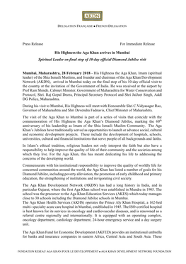 Press Release for Immediate Release His Highness the Aga