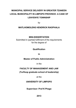 Municipal Service Delivery in Greater Tzaneen Local Municipality in Limpopo Province: a Case of Lenyenye Township