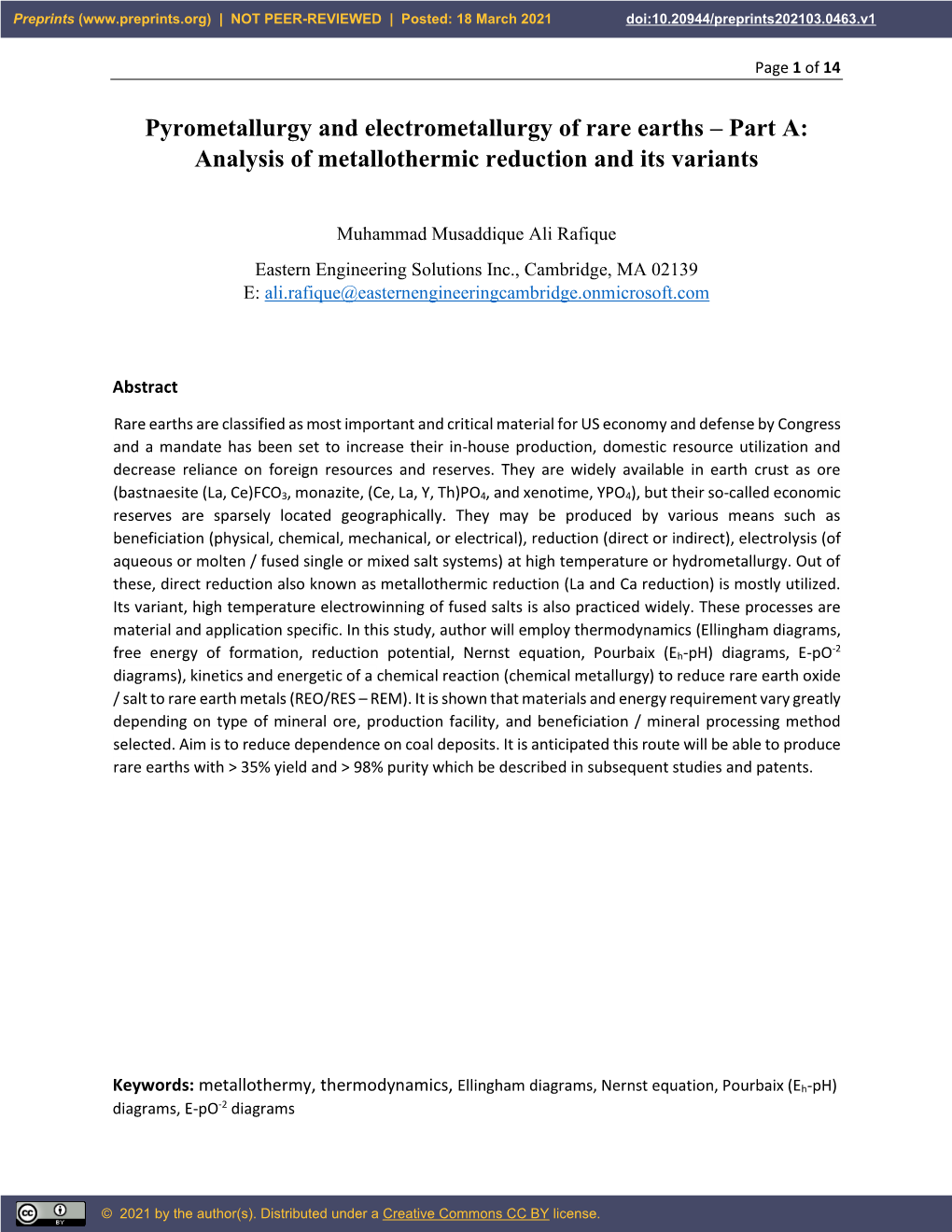 Pyrometallurgy and Electrometallurgy of Rare Earths – Part A: Analysis of Metallothermic Reduction and Its Variants