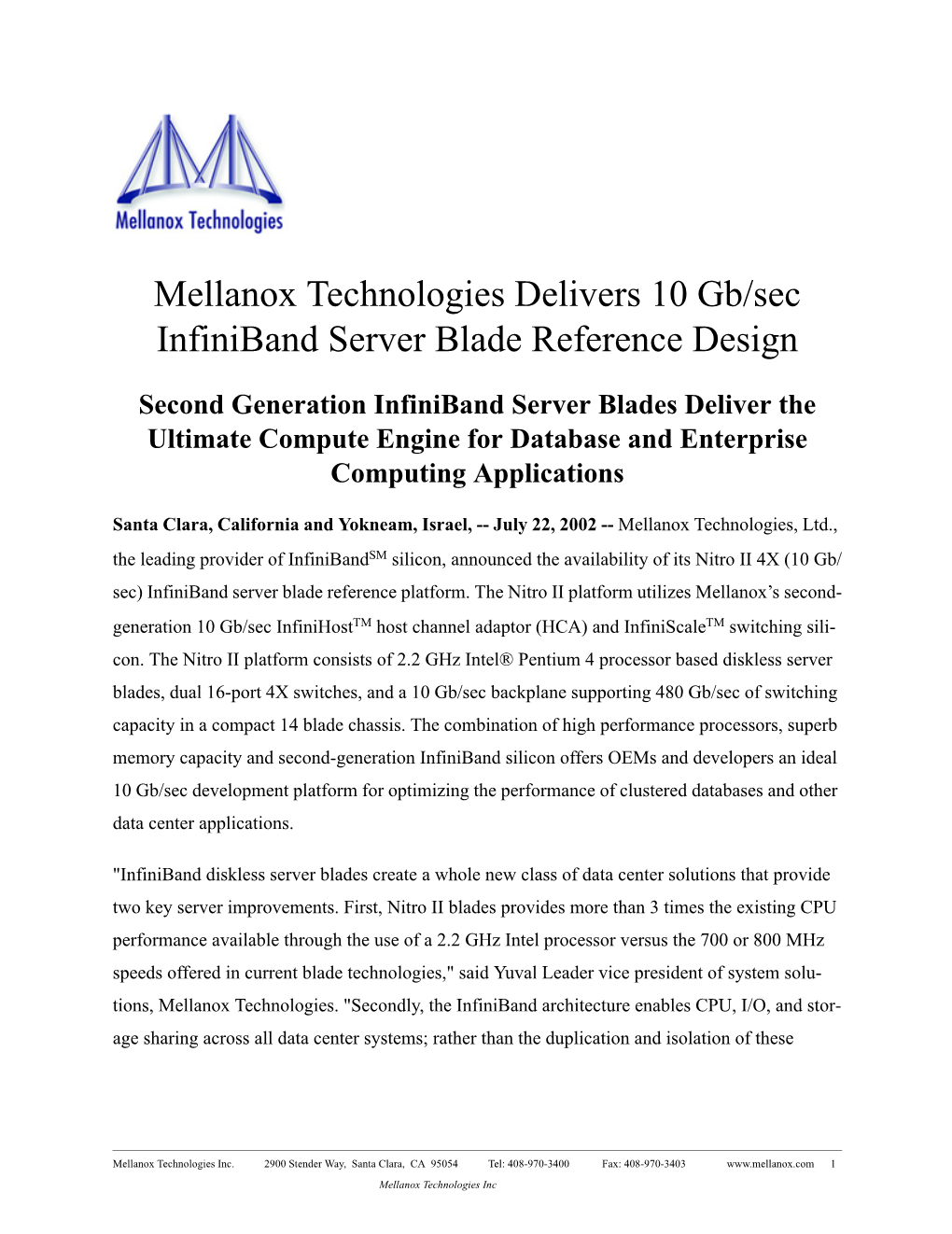 Mellanox Technologies Delivers 10 Gb/Sec Infiniband Server Blade Reference Design