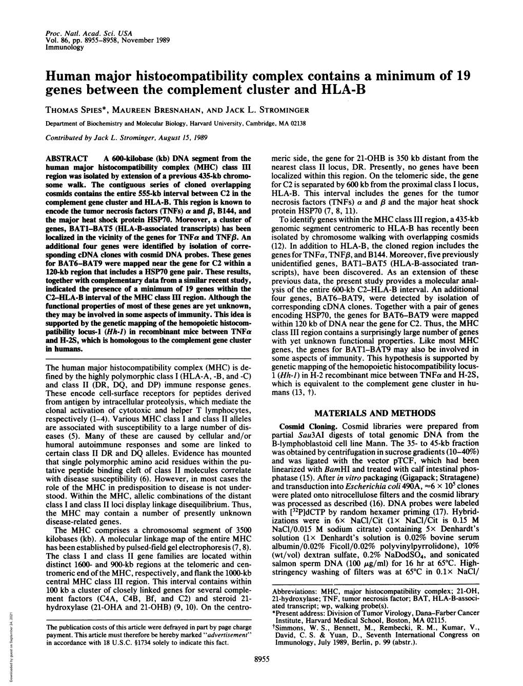 Genes Between the Complement Cluster and HLA-B THOMAS SPIES*, MAUREEN BRESNAHAN, and JACK L