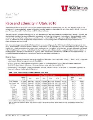 Race and Ethnicity in Utah: 2016 the Population Division of the U.S