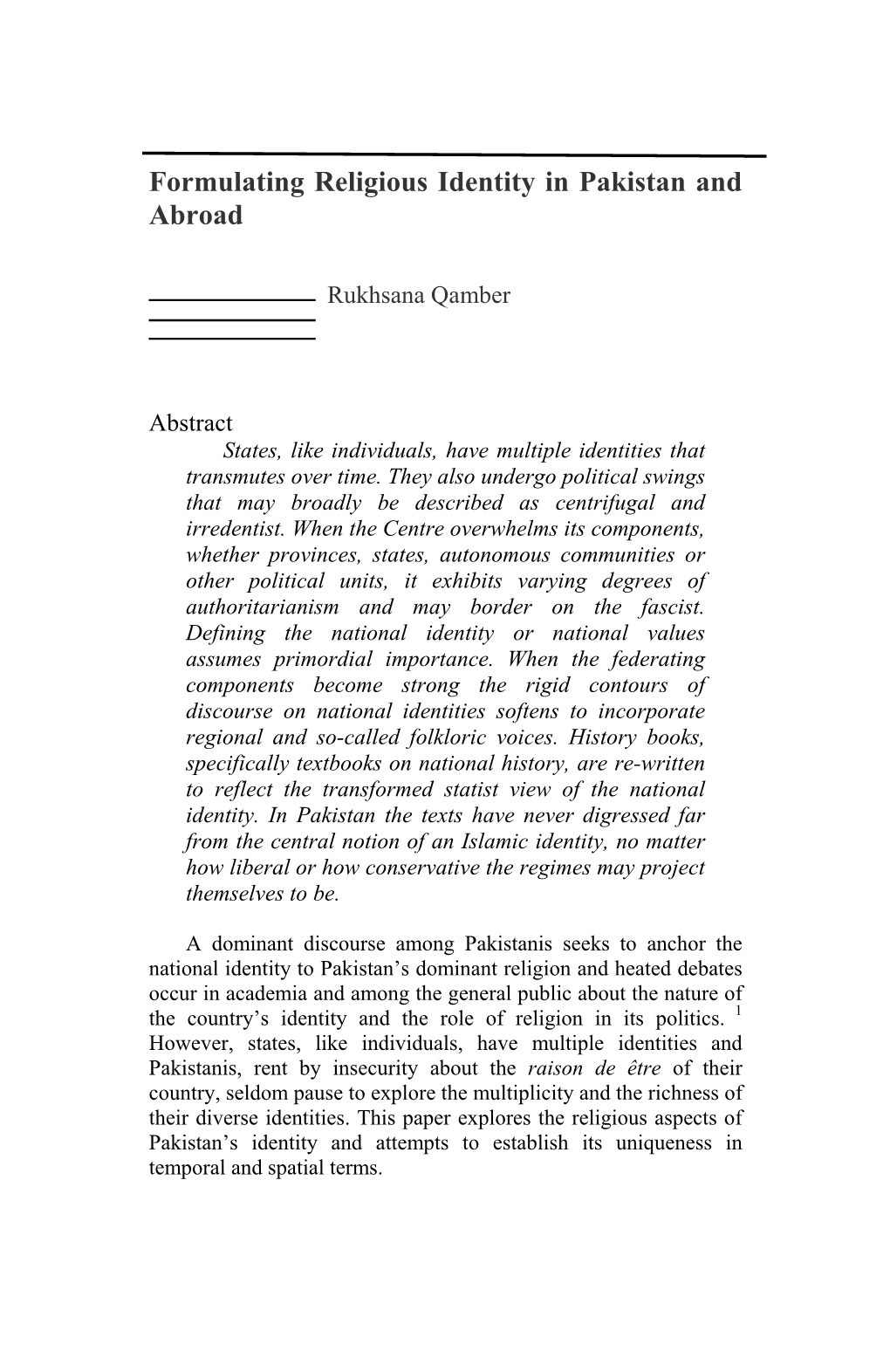 Formulating Religious Identity in Pakistan and Abroad by Rukhsana