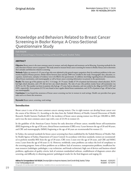 Knowledge and Behaviors Related to Breast Cancer Screening in Bozkır Konya: a Cross-Sectional Questionnaire Study