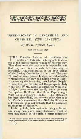 Freemasonry in Lancashire and Cheshire. (Xvii Century.)